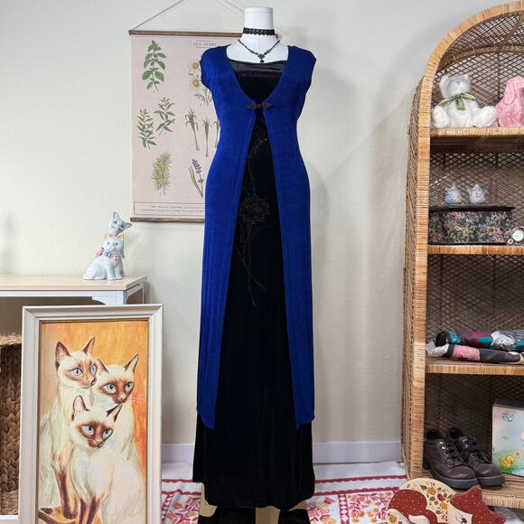 Maxi Ma Jackets & Blazers - Vintage 80s 90s Blue Slinky Stretch Long Vest Dark Fairy Whimsigoth Witchy L